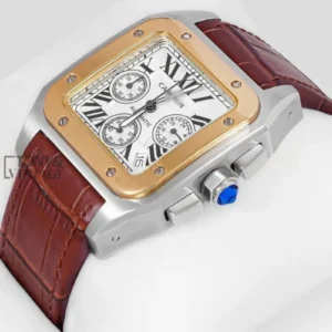 Chronograph Silver Watch with White Dial and Brown Leather Strap