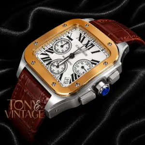 Chronograph Silver Watch with White Dial and Brown Leather Strap