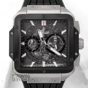 Chronograph Square Silver Watch With Grey Skeleton Dial and Black PVC Strap