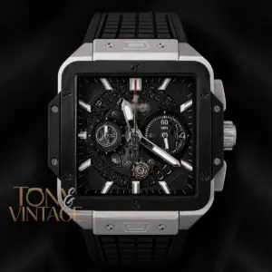 Chronograph Square Silver Watch With Grey Skeleton Dial and Black PVC Strap