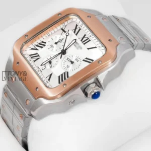 Chronograph Two Tone Rose Gold Watch With Silver Dial and Chain