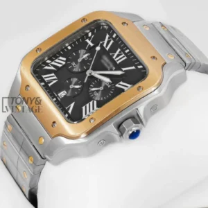 Chronograph Two-Tone Yellow Gold Watch With Black Dial and Chain