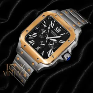 Chronograph Two-Tone Yellow Gold Watch With Black Dial and Chain