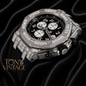Chronograph Watch Silver Stoned Bezel With Black Dial & Rubber Strap