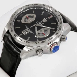 Chronograph Watch with Black Dial and Black Leather Strap