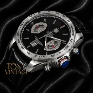 Chronograph Watch with Black Dial and Black Leather Strap