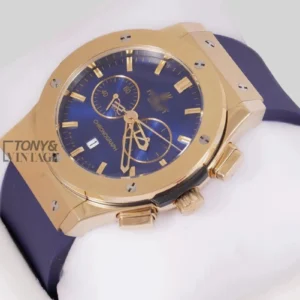 Chronograph Yellow Gold Watch with Blue Dial and PVC Strap
