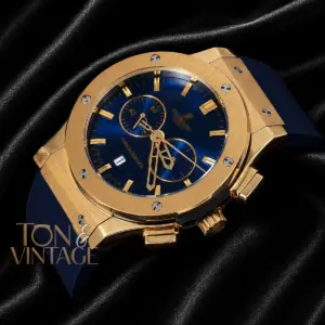 Chronograph Yellow Gold Watch with Blue Dial and PVC Strap