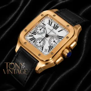 Chronograph Yellow Gold Watch with White Dial and Black Leather Strap