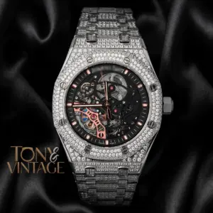 Full Stone Silver Black Skeleton Dial Automatic Watch