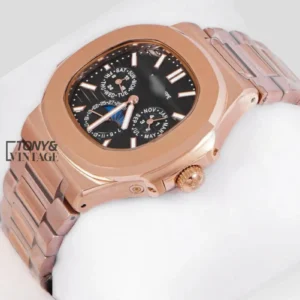 Moon Phase Chronograph Rose Gold Automatic Watch with Black Dial