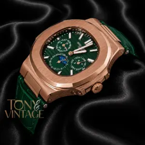 Moon Phase Chronograph Rose Gold Watch with Green Dial and Strap