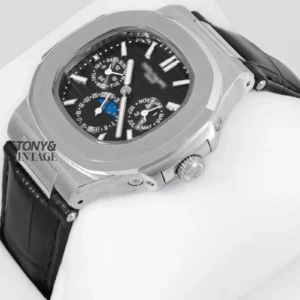 Moon Phase Chronograph Silver Watch with Black Dial and Strap