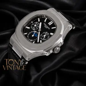 Moon Phase Chronograph Silver Watch with Black Dial and Strap