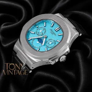 Moon Phase Chronograph Silver Watch Blue Dial and Strap
