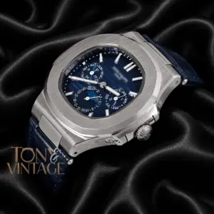 Moon Phase Chronograph Silver Watch with Blue Dial and Strap