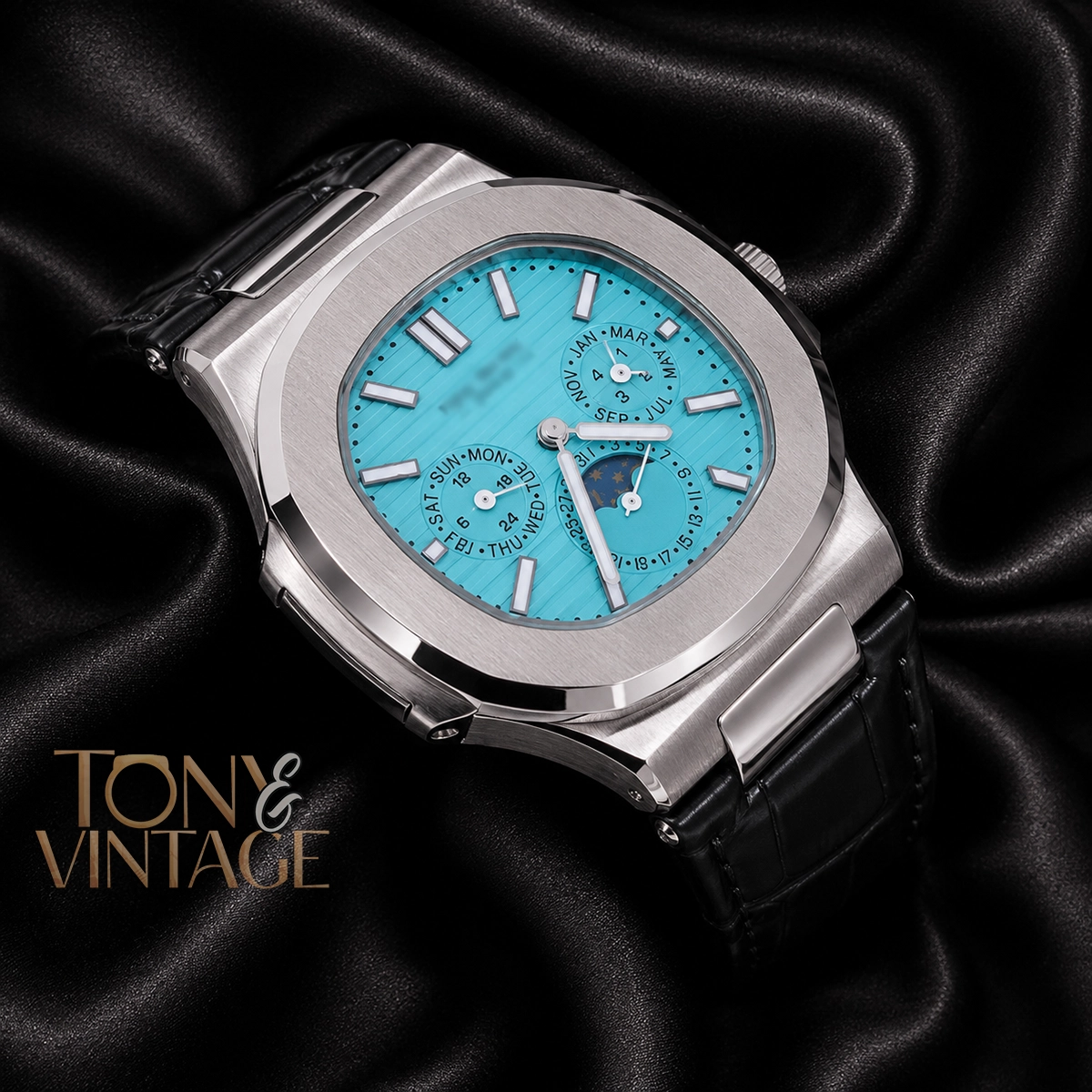 Moon Phase Chronograph Silver Watch Blue Dial and Strap - Image 2