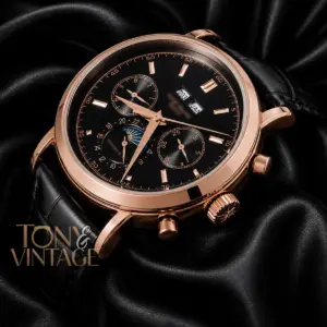 Moon Phase Rose Gold Watch with Black Dial and Leather Strap
