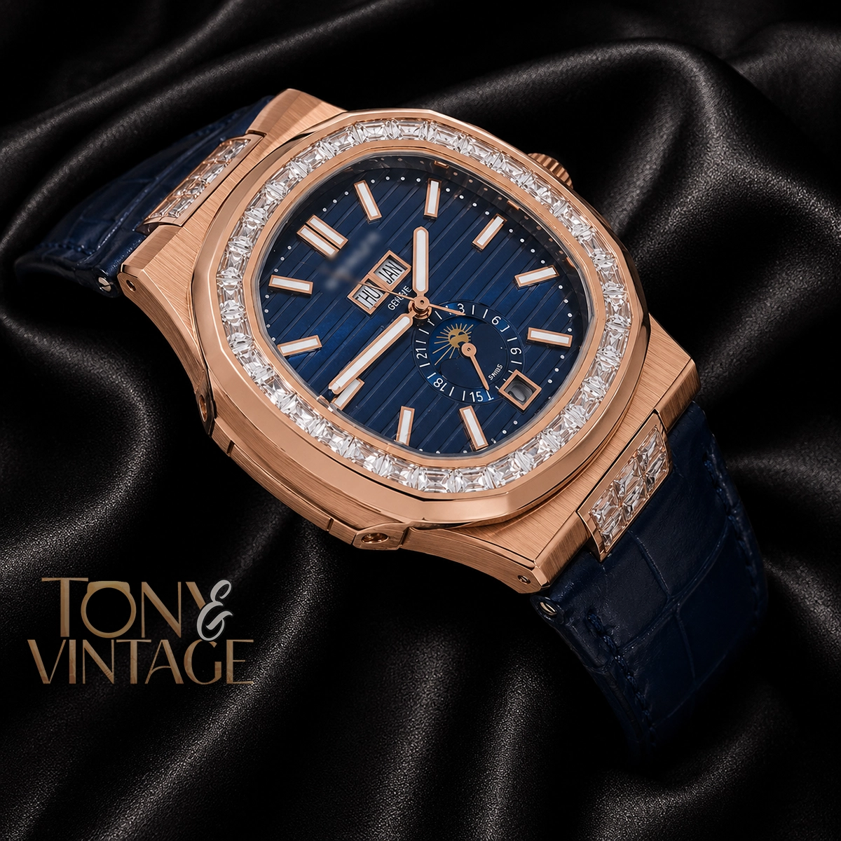Moon Phase Rose Gold Watch with Stone Bezel, Blue Dial, and Leather Strap - Image 2