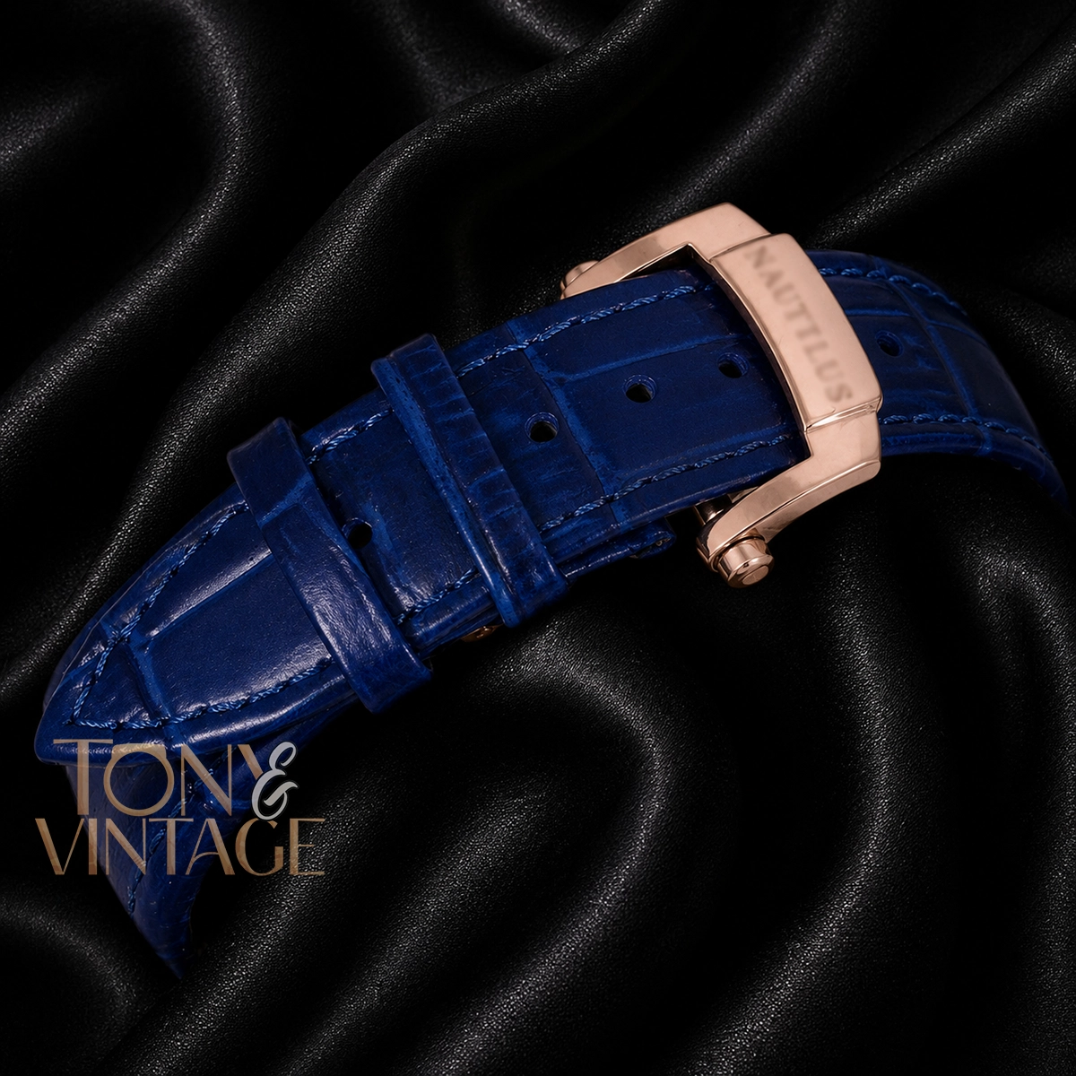 Moon Phase Rose Gold Watch with Stone Bezel, Blue Dial, and Leather Strap - Image 3