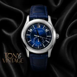 Moon Phase Silver Watch with Blue Dial and Leather Strap