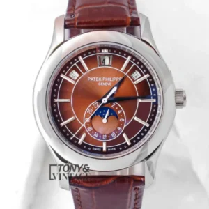 Moon Phase Silver Watch with Brown Dial and Leather Strap