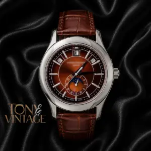 Moon Phase Silver Watch with Brown Dial and Leather Strap