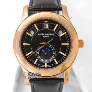 Moon Phase Yellow Gold Watch with Black Dial and Leather Strap