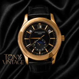 Moon Phase Yellow Gold Watch Black Dial and Leather Strap