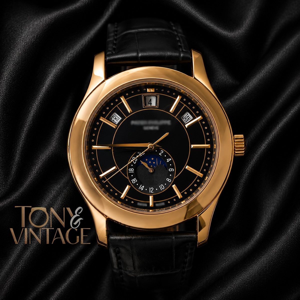 Moon Phase Yellow Gold Watch Black Dial and Leather Strap