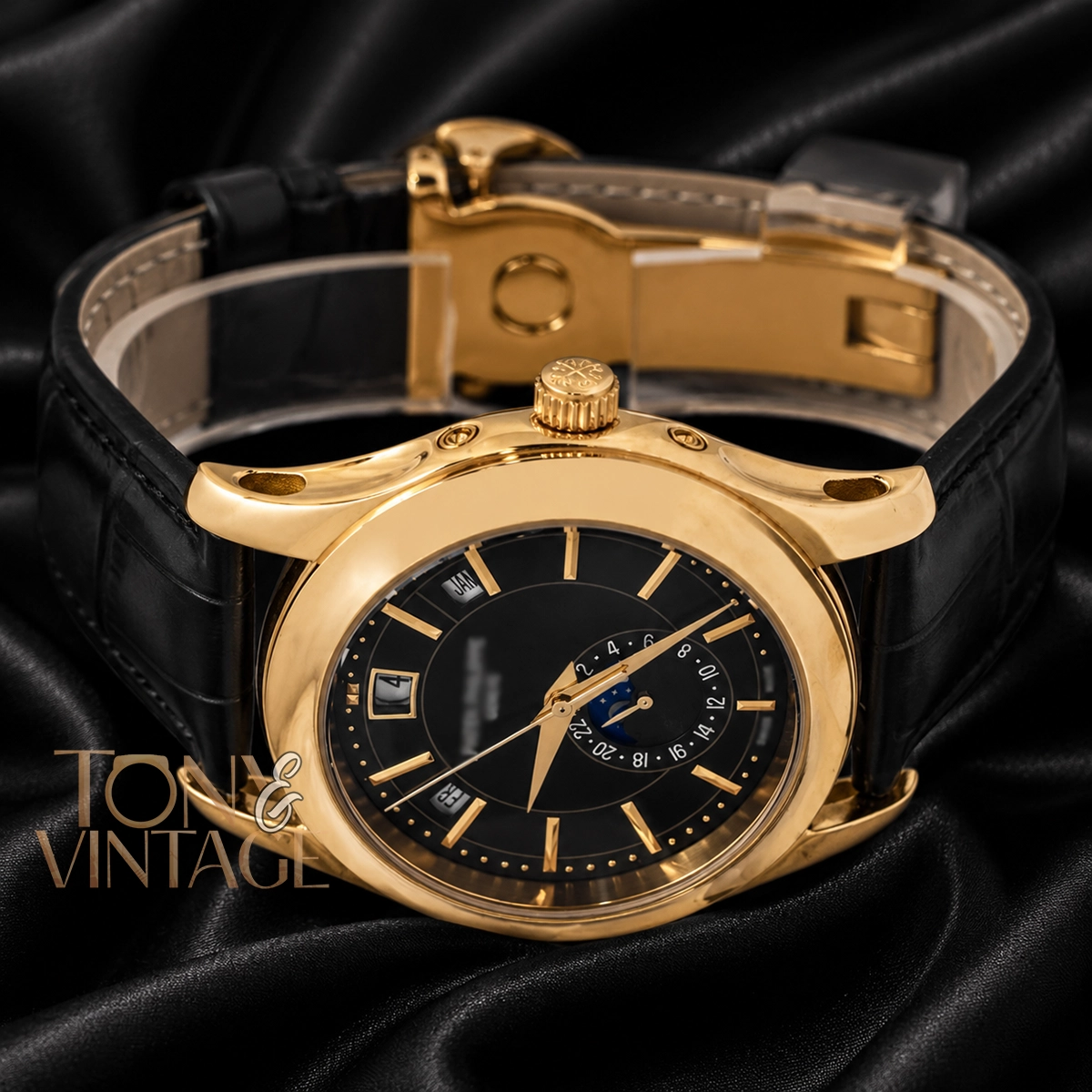 Moon Phase Yellow Gold Watch Black Dial and Leather Strap - Image 2