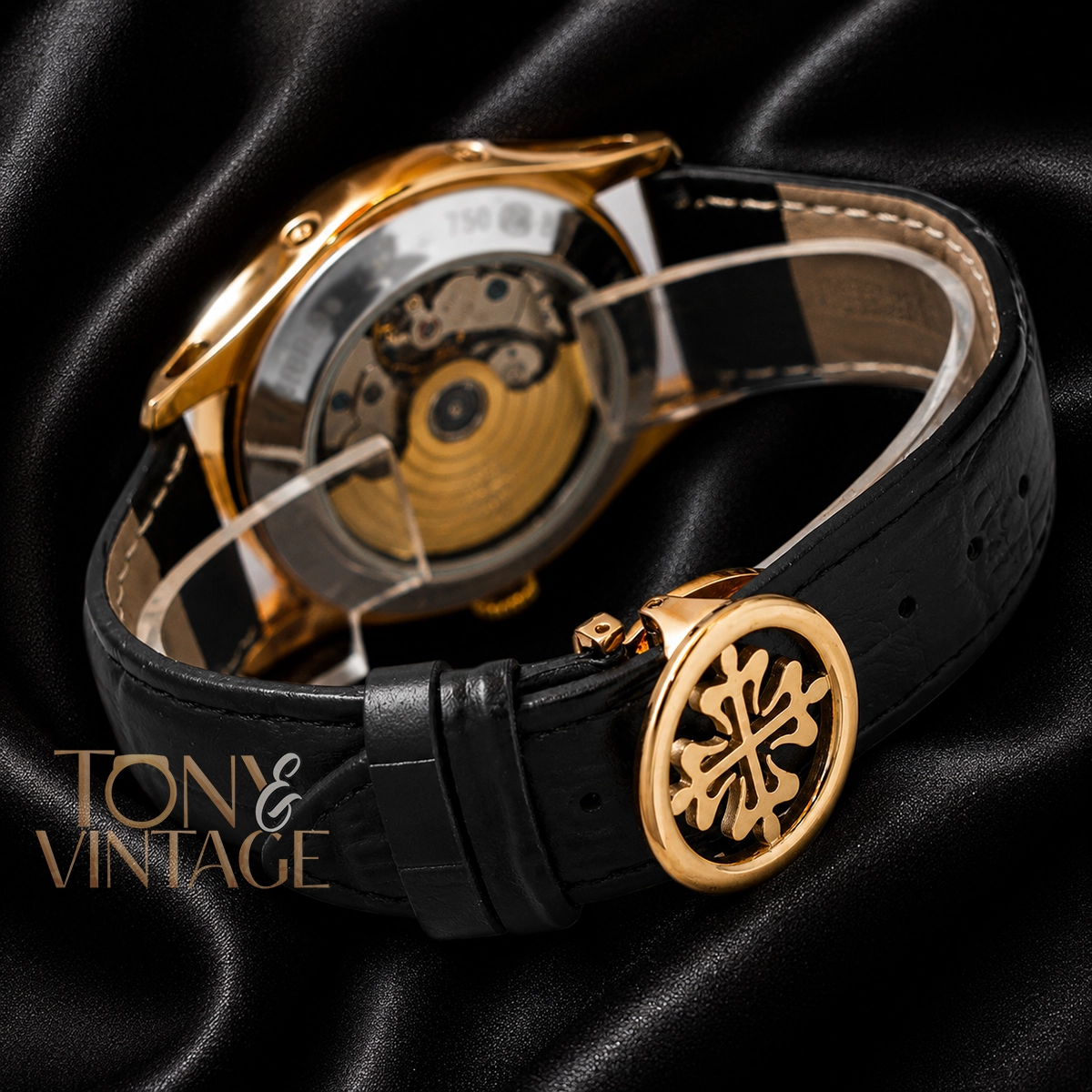 Moon Phase Yellow Gold Watch Black Dial and Leather Strap - Image 3