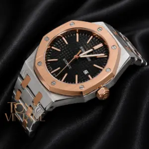 Oak Two Tone Rose Gold Silver Chain Black Dial