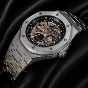 Perpetual Calendar Silver Black Skeleton Dial Automatic Watch