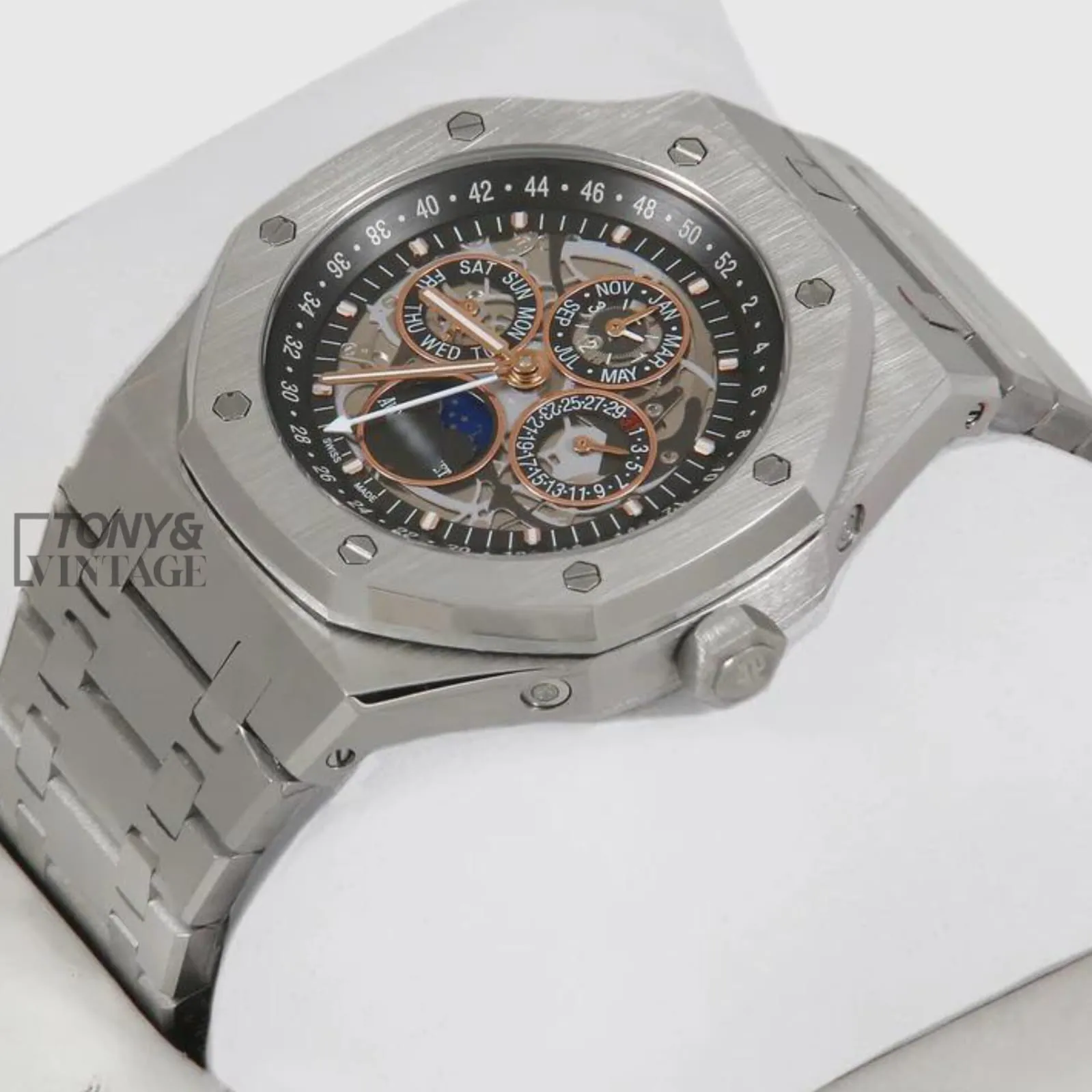 Perpetual Calendar Silver Black Skeleton Dial Automatic Watch