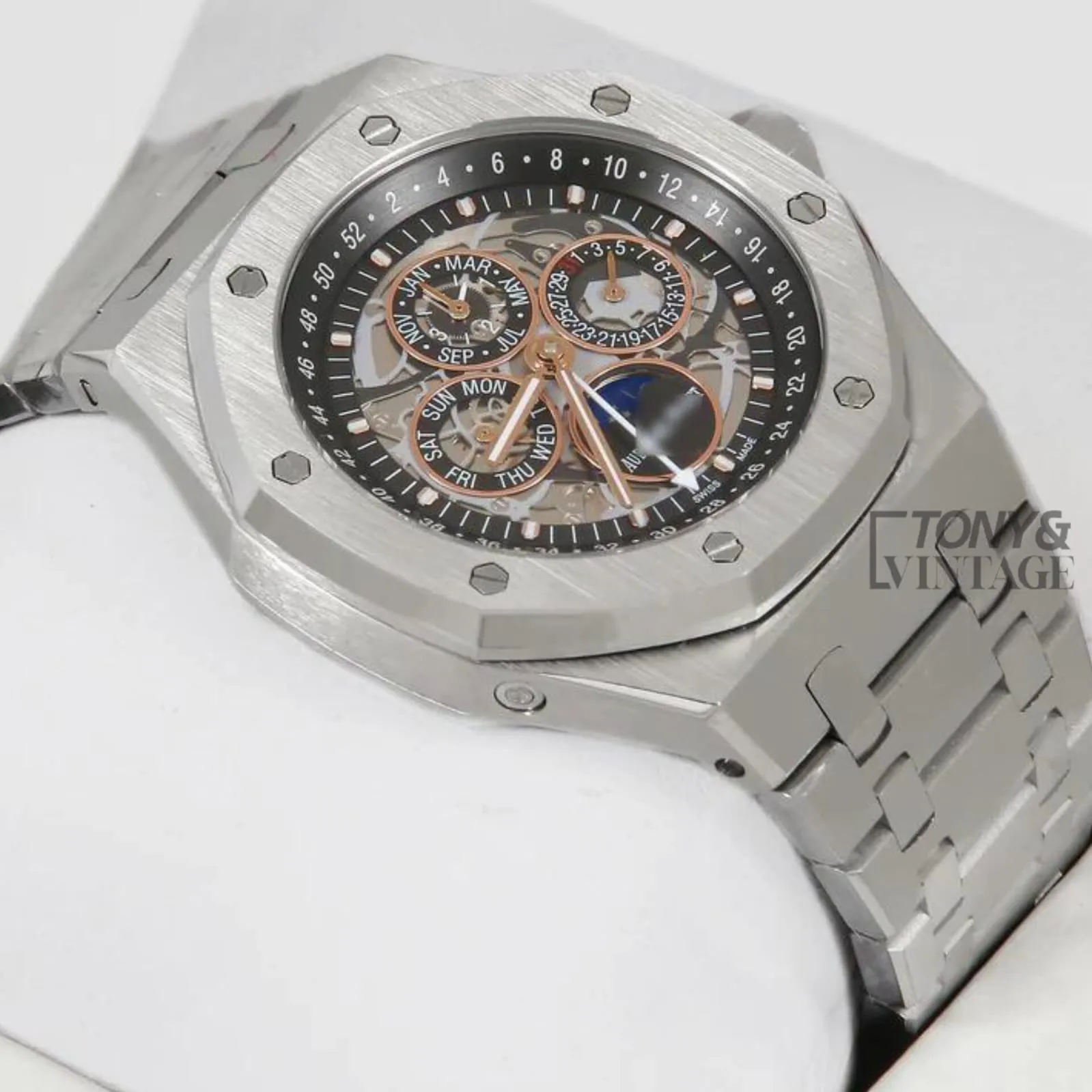 Perpetual Calendar Silver Black Skeleton Dial Automatic Watch - Image 2