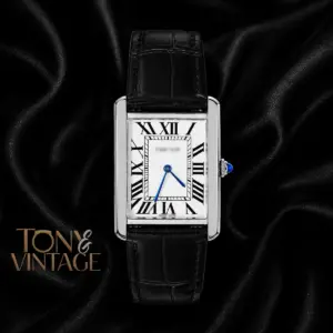 Rectangular Silver Case Watch With White Dial & Black Leather Strap