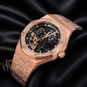 Rose Gold Black Skeleton Dial Stone Bezel