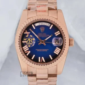 "Rose Gold Blue Dial Fluted Bezel "