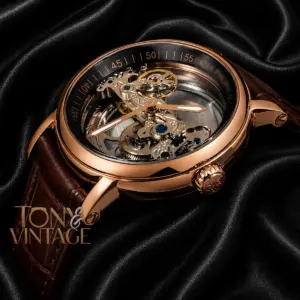 Rose Gold Case Skeleton Dial Brown Leather Strap