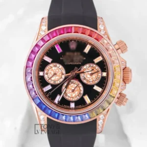 "Rose Gold Case Watch with Black Dial and Rainbow Stone Bezel "