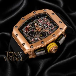 Rose Gold Chronograph Automatic Watch With Black Rubber Strap