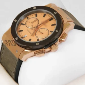 Rose Gold Chronograph Watch with Soft Gray Velvet Strap