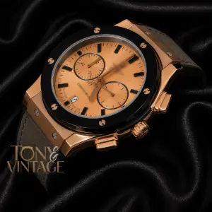 Rose Gold Chronograph Watch with Soft Gray Velvet Strap