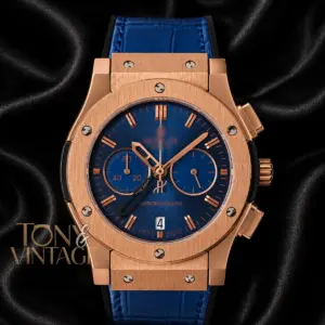 Rose Gold Chronograph With Blue Dial and Leather Strap