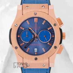 Rose Gold Chronograph With Blue Dial and Leather Strap