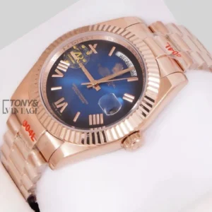 Rose Gold Dark Blue Dial & Fluted Bezel