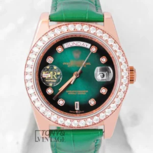 "Rose Gold Green Dial Leather Strap Automatic Watch "