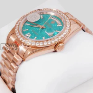 "Rose Gold Ocean Blue Dial Stone Bezel Automatic Watch "