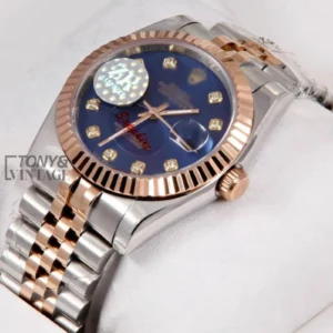 "Rose Gold Two Tone Blue Dial & Stone Numeral "